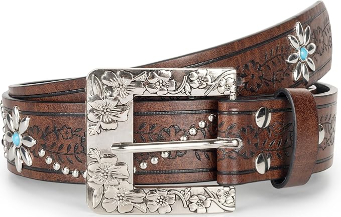INOGIH Adjustable-Vintage-Western-Cowboy-Belt Women Men - Cowboy-Style Engraved-Buckle Belt for Jeans Pants Dresses