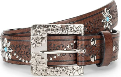 INOGIH Adjustable-Vintage-Western-Cowboy-Belt Women Men - Cowboy-Style Engraved-Buckle Belt for Jeans Pants Dresses