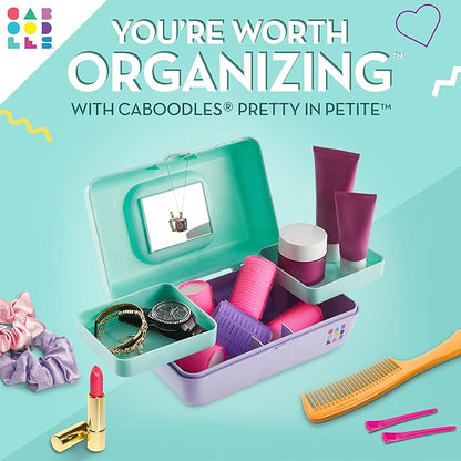 Caboodles Pretty in Petite Makeup Box, Two-Tone Seafoam on Lavender, Hard Plastic Organizer Box, 2 Swivel Trays, Fashion Mirror, Secure Latch for Safe Travel