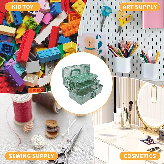 3 Layer Stackable Arts and Crafts Organizer Storage, Multipurpose Sewing Box Plastic Tackle Box Organizer with Lib, Storage for Tools, Makeup, Snack, Art Supply, Sewing Supply(Green)