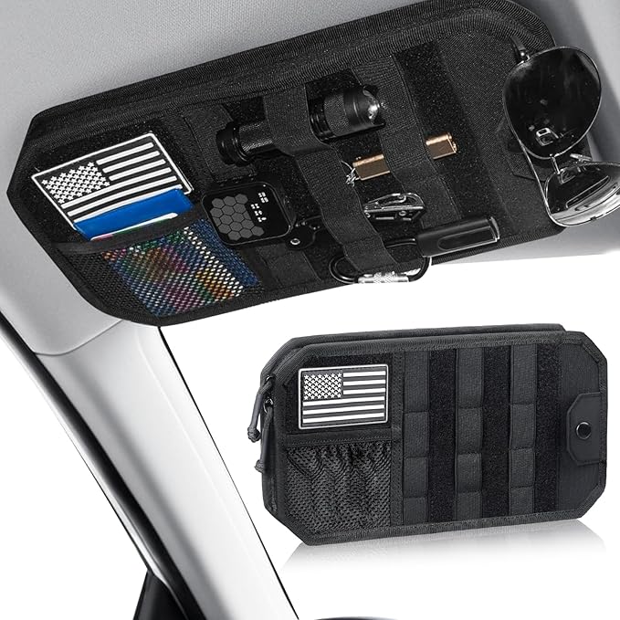Car Sun Visor Organizer, Car Visor Organizer with Zipper, Visor Storage Pouch & Glasses Clip Molle Panel Multi-Pocket for Universal Most Vehicles SUVs Trucks