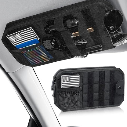 Car Sun Visor Organizer, Car Visor Organizer with Zipper, Visor Storage Pouch & Glasses Clip Molle Panel Multi-Pocket for Universal Most Vehicles SUVs Trucks