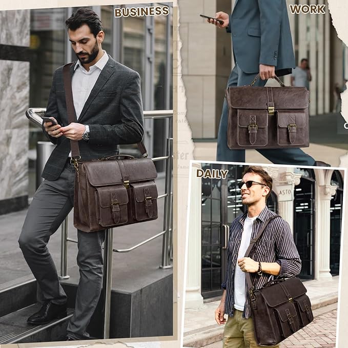 RAINSMORE Mens Messenger Bag 15.6 Inch Leather Vintage Laptop Briefcase Waterproof Computer Laptop Bag Leather Satchel Bag Large Shoulder Bag for Office Work Travel College, Coffee