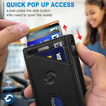 Wallet for Men, Slim Pop Up Card Holder with RFID Blocking, Minimalist Bifold Wallet with 9 Card Slots, ID Window and Cash Pocket, Metal Flip Case with Magnetic Closure, Gift Box