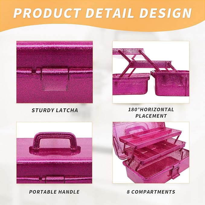 3 Layer Stackable Arts and Crafts Organizer Storage, Multipurpose Sewing Box Plastic Tackle Box Organizer with Lib, Storage for Tools, Makeup, Snack, Art Supply, Sewing Supply(Fuchsia)