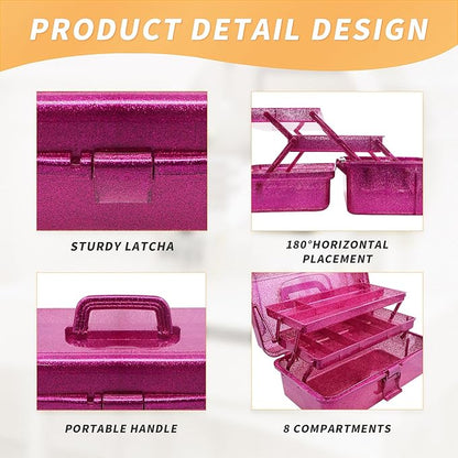 3 Layer Stackable Arts and Crafts Organizer Storage, Multipurpose Sewing Box Plastic Tackle Box Organizer with Lib, Storage for Tools, Makeup, Snack, Art Supply, Sewing Supply(Fuchsia)