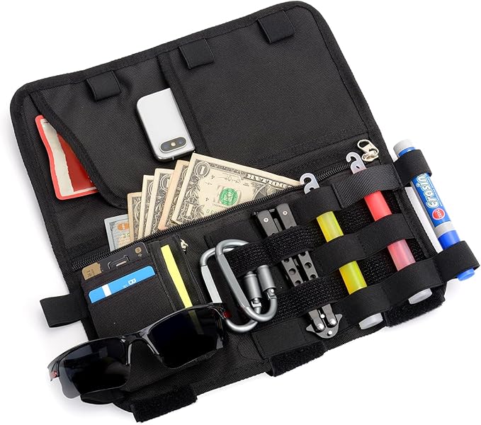 2 Pack Car Sun Visor Tactical Organizer Bag with Attachable ID Pouch,Molle Visor Panel Organizer with Zipper & Elastic Strap for Holding Sunglass Compatible with All Car
