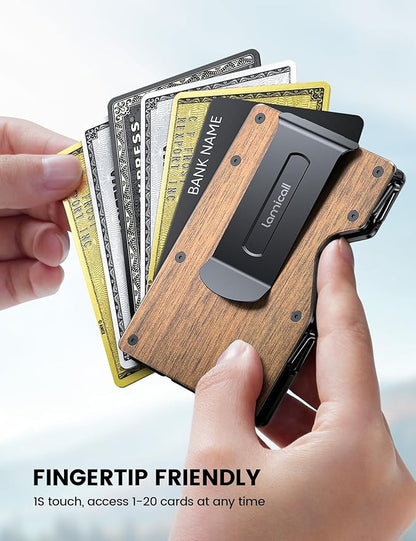 Lamicall Minimalist Metal Wallet for Men - [Mechanical Hinges][15-20 Cards] Capacity Slim Wallets, Credit Card Holder, Money Clip & Cash Strap, RFID, Gifts for Men Father Dad Mom, Metal Wooden Brown