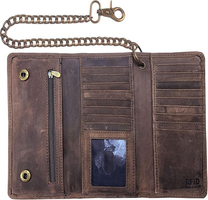 IBRO VINTAGE Motorcycle Chain Wallet for Men – Premium Cowhide Leather, RFID Tri-Fold Biker Wallet with Heavy Duty Chain for Bikers Truckers & Hunters, Credit Card Money Organizer Long Wallet | Long Trifold, RFID Blocking, Men's, Trucker Biker