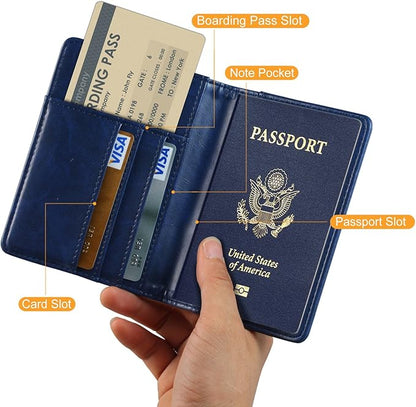 EpicGadget RFID Blocking Premium Leather Passport Holder Travel Wallet Cover Case (Navy Blue)