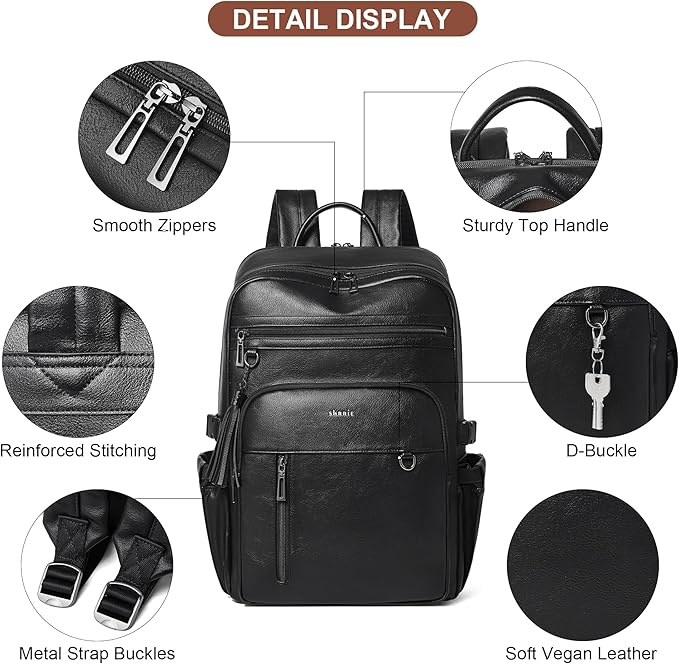 Shrrie Vegan Leather Laptop Backpack for Women,17 Inch Computer Backpack Purse for Work Business College Travel Teacher Nurse with Anti-theft Pocket & Giant Tumbler Holder Pocket,Black
