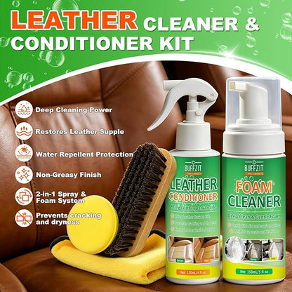 Leather Cleaner and Conditioner Kit – Car Leather Cleaning and Care Kit for Synthetic & Faux Leather, Cleans, Conditions & Protects Automotive Interior, Furniture, Shoes & Boots – 5 Piece Set