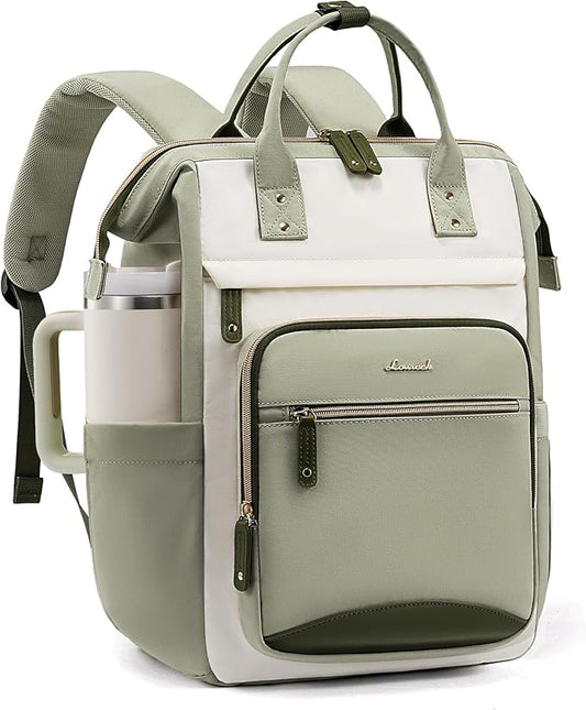 LOVEVOOK Laptop Backpack for Women Work Bag with Large Capacity Cup Side Pocket, 15.6 Inch Waterproof Computer Backpacks (Bean-green, 15.6INCH)