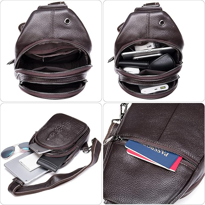 NIUCUNZH Crocodile Leather Sling Bag with Leather Strap, 3 Zipper Crossbody Shoulder Bags for Travel Hike Everyday Carry