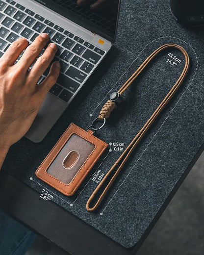 VULKIT ID Badge Holder with Lanyard for Women and Men Vertical Leather Badge Holder with Clear ID Window Card Holder Slot and Money Pocket Brown