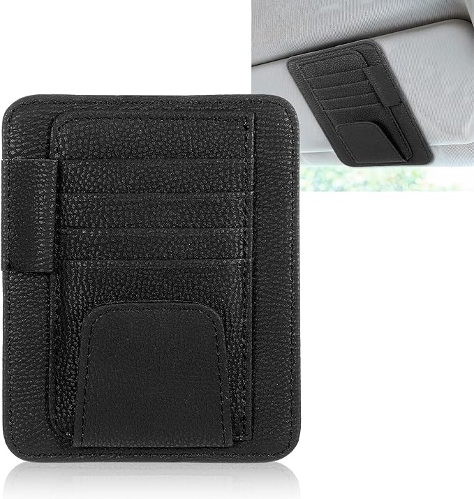 Small Leather Car Sun Visor Organizer and Insurance Card Holder, Auto Car Sun Visor Organizer, Multifunctional Auto Interior Accessories Storage Pocket for Card License Registration Document, Pen, Key