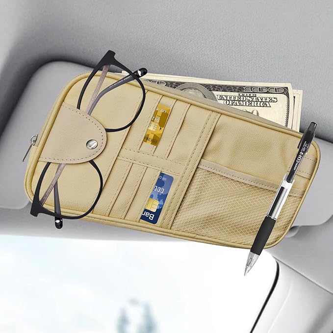 Car Sun Visor Organizer, Auto Accessories Sunglass Holder for Car, Multi-functional Sun Organizer Storage Bag, General Motors Interior Parts Storage Bags are Fit for Cars, SUVs, Trucks (Beige)