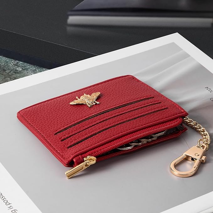 SEAVILIA Card Holder Keychain Wallet for Women with ID Window RFID Blocking Coin Purse Bee Gifts Slim Minimalist Small PU Leather