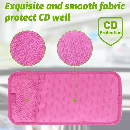 Car CD & DVD Holder - Large Capacity CD Visor Case, Vehicle Visor Storage Organizer with 12 Disc Sleeves, 1 Mesh Pocket 1 Pen Holder and & Elastic Band (Pink)