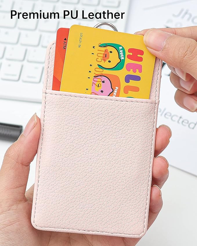 Teskyer Badge Holder with Lanyard, Leather ID Name Badge Card Holder with Lanyard for ID Badges, Vertical, Lychee Pattern Light Pink