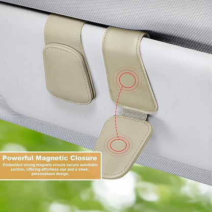 2 Packs Sunglass Holder for Car, Magnetic Leather Car Sunglass Holder, Visor Sunglasses Holder Clip, Sunglasses Clip for Car Visor, Sunglass Holder for Different Size Eyeglasses (Beige)