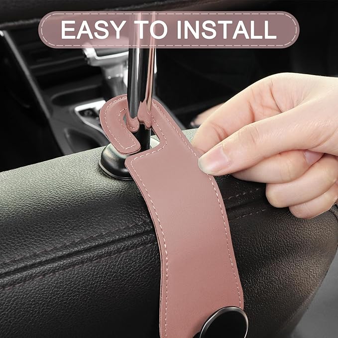 JESTOP Leather Car Seat Storage Hanger, 2 Pack Stylish Hooks for Purses Bags, Coats Umbrellas, Pink
