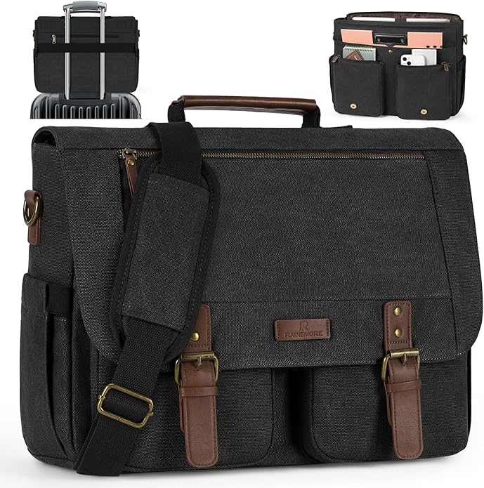 RAINSMORE Messenger Bag for Men, 15.6-17.3 inch Laptop Bag, Canvas Briefcase with Luggage Strap, Satchel for College Work