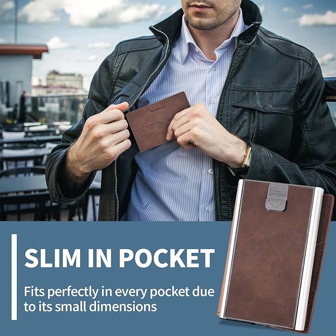 Mens slim Wallet，with RFID Shielding, Holds 9 Cards Easily, card wallet for Men, Minimalist Wallet For Men, Made of aluminum and Pu Synthetic Leather, Includes Cash clip (Coffee Color)