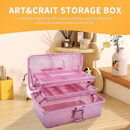 Saim Storage Bins, Three-Layer Multipurpose Art & Craft Storage Container, Carry Tackle Organizer, Medicine Cosmetic Art Supply Box for Art Supply Makeup Hair Accessories Painting Tools - Pink