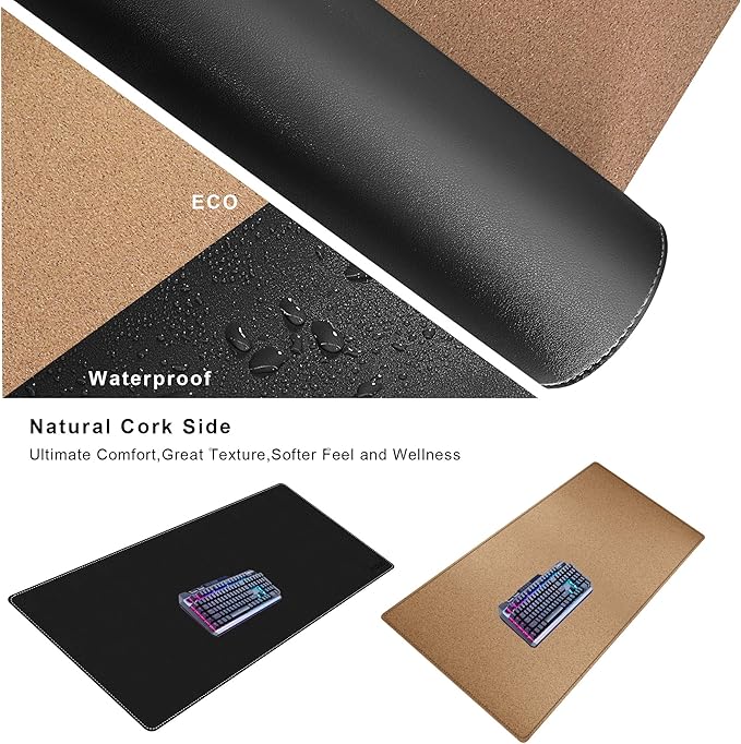 Mydours 70.9"x19.7" Black Desk Pad - Premium Dual-Sided PU Leather & Cork Design for Home and Office, Ultra-Wide Mouse Mat with Smooth Gaming Surface, Protects Desks from Heat, Ink & Liquid Spills