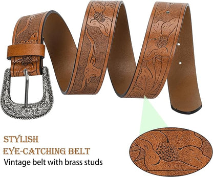 INOGIH Adjustable-Vintage-Western-Cowboy-Belt Women Men - Cowboy-Style Engraved-Buckle Belt for Jeans Pants Dresses