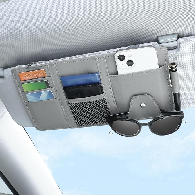 Boao 2 Packs Car Sun Visor Organizer, Sunglasses Holders for Car Sun Visor PU Auto Interior Accessories Storage Travel Document Holder with Multi Pocket (Black, Gray, 12.2 x 6.1 Inches)