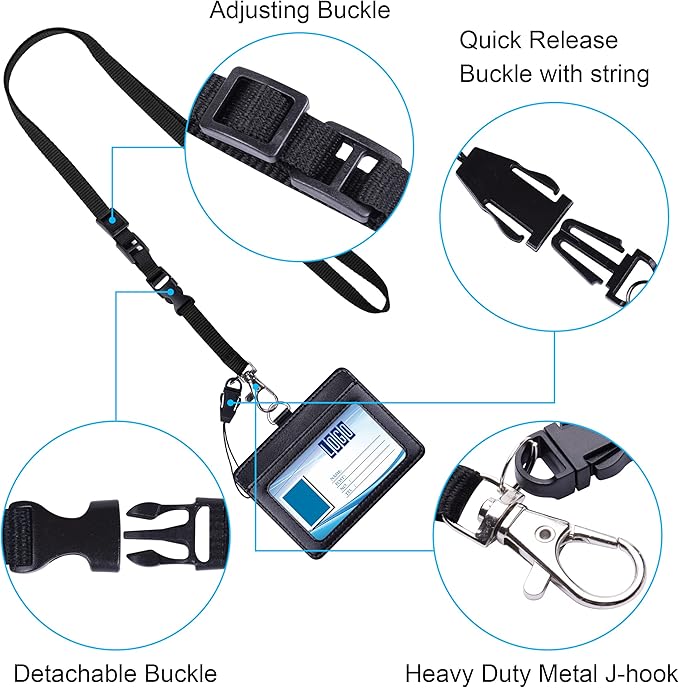 Wisdompro 2-Sided PU Leather ID Badge Holder with 1 ID Window and 1 Card Slot and 1 piece 23 Inch Adjustable Polyester Detachable Neck Lanyard Strap (Holds 3 to 4 Cards) - Black (Horizontal)
