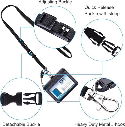 Wisdompro 2-Sided PU Leather ID Badge Holder with 1 ID Window and 1 Card Slot and 1 piece 23 Inch Adjustable Polyester Detachable Neck Lanyard Strap (Holds 3 to 4 Cards) - Black (Horizontal)