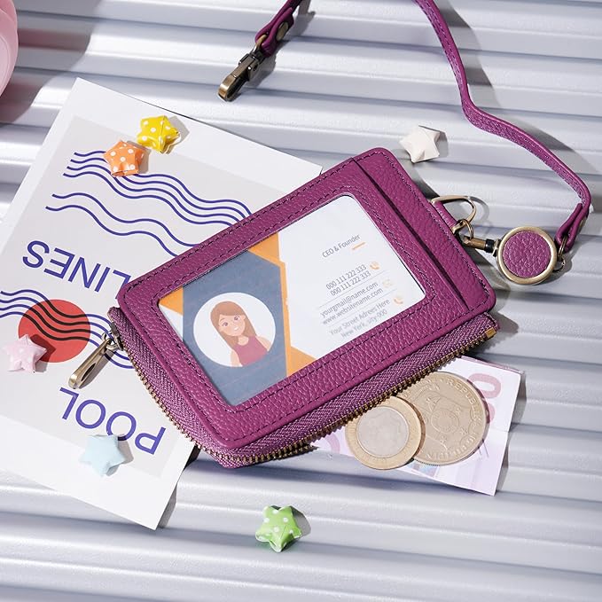 Wason Badge Holder Card Wallet Real Leather with Zipper, Detachable Neck Lanyard, Hand Strap, Retractable Badge Reel, Multi Purpose Case for ID Permit Badge Coin Key Driver's License (Purple)