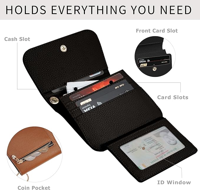 Women Small Wallet RFID Blocking Slim Wallet with Coin Pocket Tri-Fold Credit Card Holder with ID Window and Keychain(Brown＆Black)
