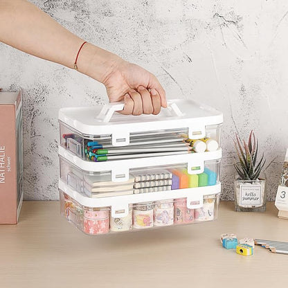 BTSKY 3 Pack Clear Plastic Storage Box with Handle & Flap Lid, Portable Craft Organizers and Storage Box Art Supply Storage Organizer Multipurpose Plastic Sewing Box for Beads Pencils Sticky Notes