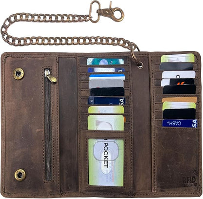 IBRO VINTAGE Motorcycle Chain Wallet for Men – Premium Cowhide Leather, RFID Tri-Fold Biker Wallet with Heavy Duty Chain for Bikers Truckers & Hunters, Credit Card Money Organizer Long Wallet | Long Trifold, RFID Blocking, Men's, Trucker Biker