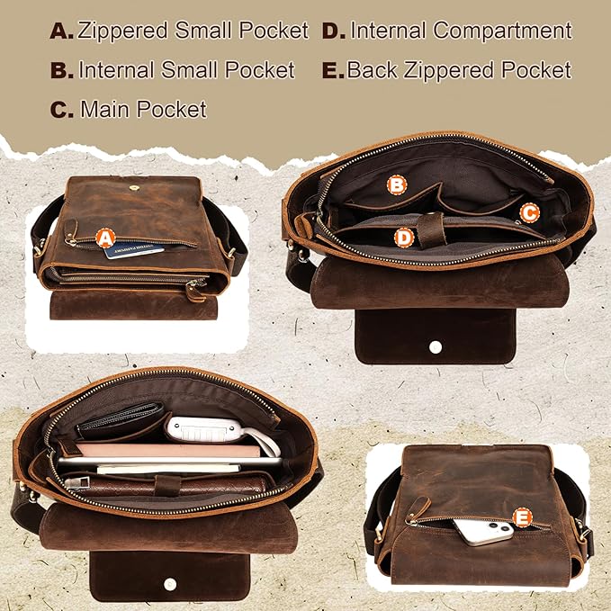 Leathario Crossbody Bag for Men Genuine Leather Small Messenger Shoulder Purse Side Vintage Satchel for Work Travel Daily