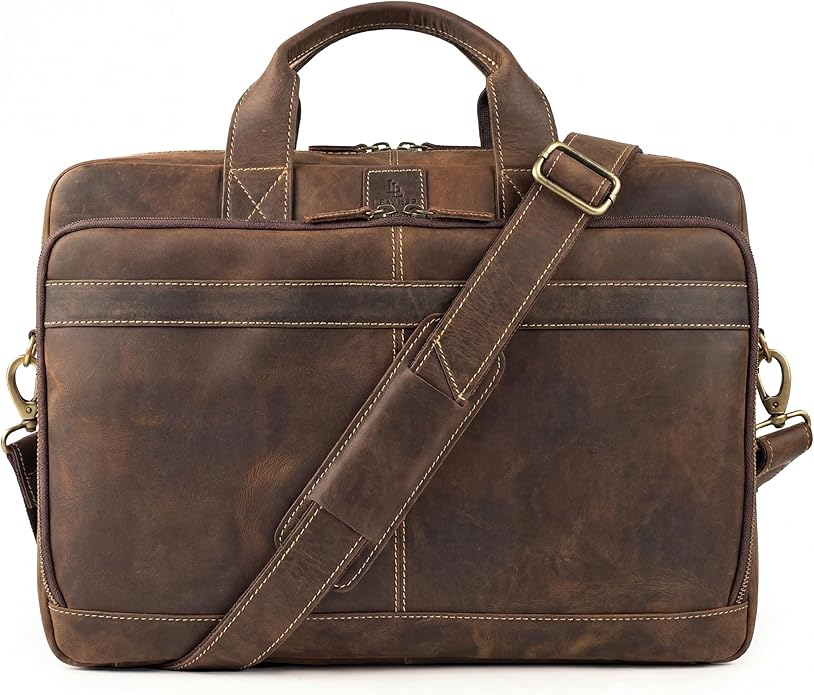 Full Grain Leather Messenger Bag for Men, 16” Briefcase Laptop Satchel Vintage Professional Office Work & Travel Bag
