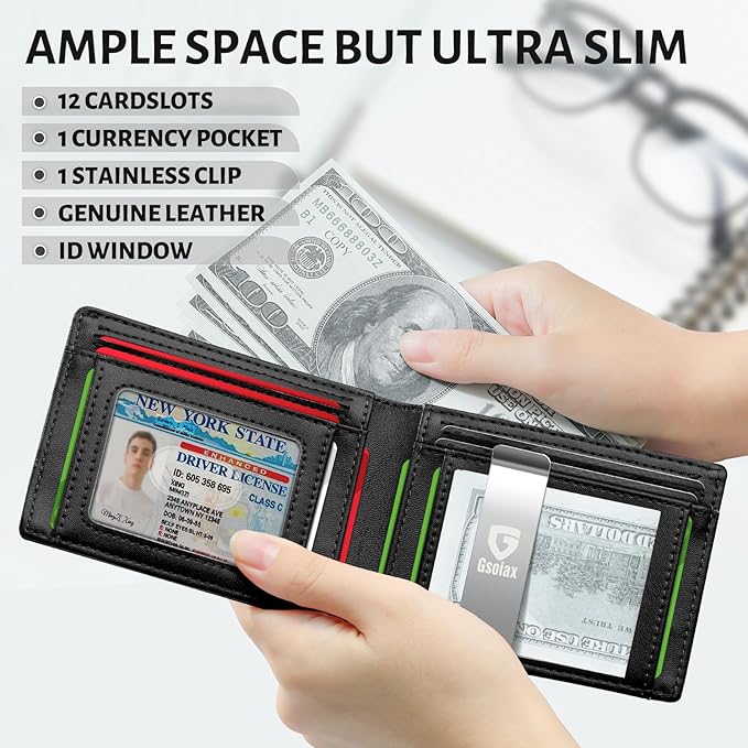GSOIAX Slim Leather RFID Bifold Wallet for Men Minimalist Front Pocket Wallet with Money Clip,12 Card Slots,ID Window,Cool Groove Design,Includes Gift Box (Leather Black)