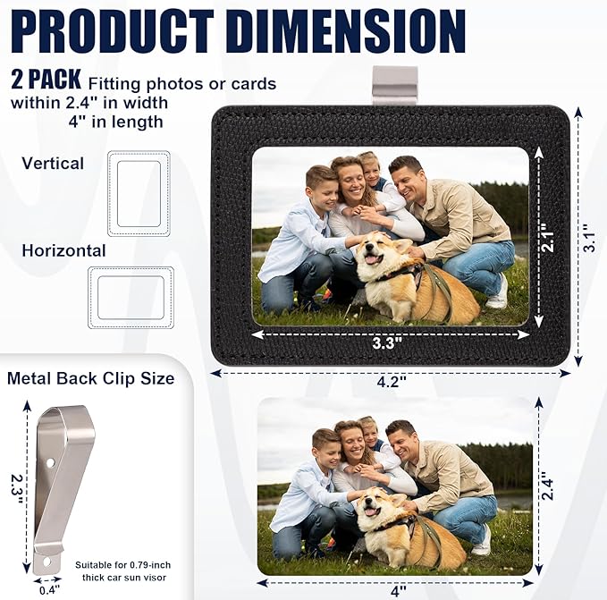 2 Pack Car Picture Frame Visor Clip Leather Sun Visor Photo Clip Holder Personalized Car Picture Holder Display Visor Photo Frame Vertical Horizontal fit 2.36"x3.54" Photo Mini Instant Film