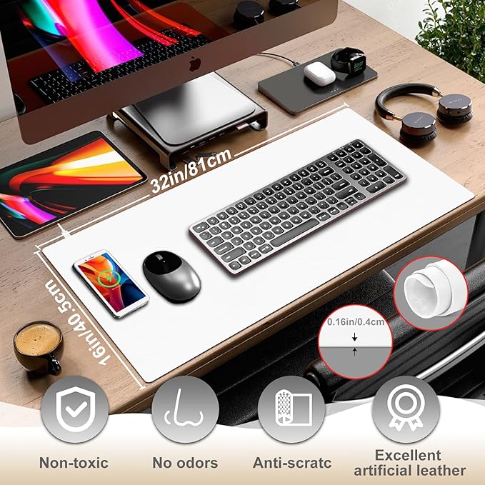 Desk Mat with Wireless Charging, White Mouse Pad with Wireless Charger, Desk Pad Matt for Desktop, Mousepad Gaming Large Mouse Pad, Leather Compute for Keyboard and Mouse, 32" x 16"