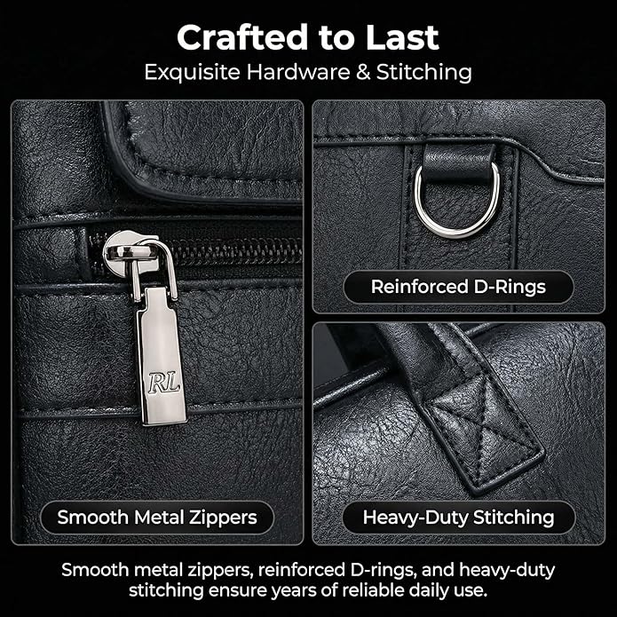 Men's Leather Laptop Bag 15 IN, Water-Resistant Briefcase Messenger Bag for Work, Business, Shoulder Crossbody Office Satchel