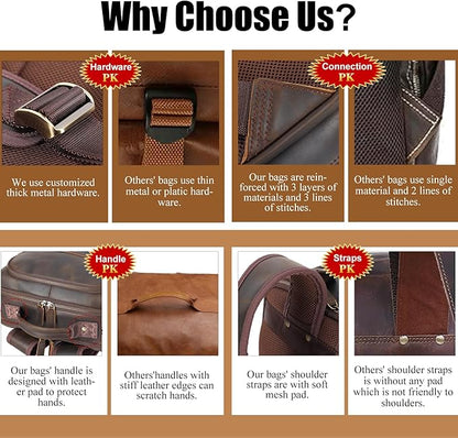 Masa Kawa Brown Leather Laptop Backpack for Men Fits 16” 15.6” Computer, Vintage Business Travel Work Large Daypack Weekender Bag Camping Rucksack