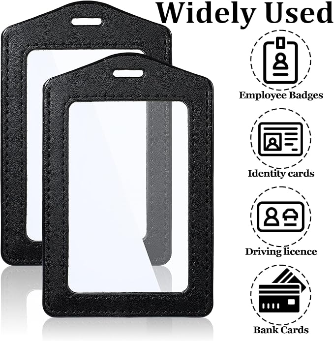 Leather ID Badge Holders, Mabor 2 Pcs Leather ID Badge Holder Vertical Double-Side Clear Card Holder Waterproof Name Badge Holder for Office Staff Students School ID Credit Cards(Black)