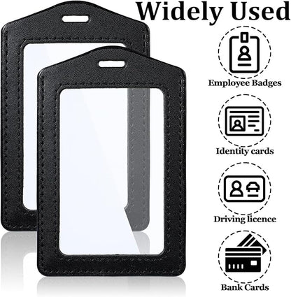 Leather ID Badge Holders, Mabor 2 Pcs Leather ID Badge Holder Vertical Double-Side Clear Card Holder Waterproof Name Badge Holder for Office Staff Students School ID Credit Cards(Black)