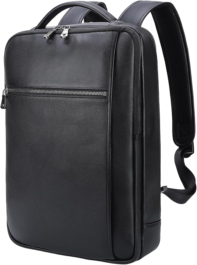 Masa Kawa Slim Genuine Leather Business Backpack 15.6" Laptop Bag for Men Women Office Work Travel Small Thin Computer Casual Daypack, Black