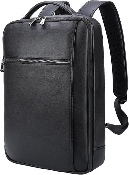 Masa Kawa Slim Genuine Leather Business Backpack 15.6" Laptop Bag for Men Women Office Work Travel Small Thin Computer Casual Daypack, Black