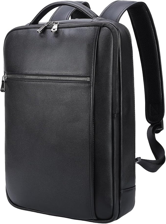 Masa Kawa Slim Genuine Leather Business Backpack 15.6" Laptop Bag for Men Women Office Work Travel Small Thin Computer Casual Daypack, Black